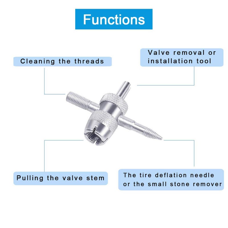 Riseuvo 6Pcs Tire Valve Stem Removal Tool - Single and Double Heads Valve Core Remover, 4-Way Valve Tool Great Tire Repair Tool, 10pcs Valve Stem Caps, 20pcs Valve Stem Core - Image 5